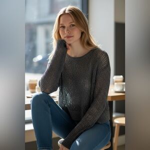 Tahari Charcoal Open-Knit Crew Neck Sweater